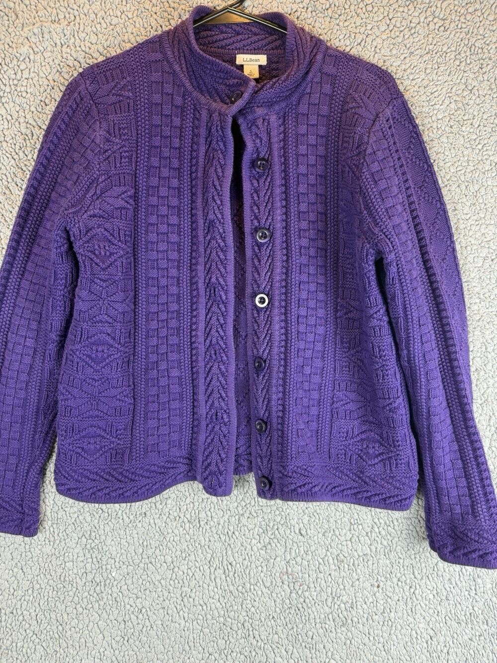 LL Bean Womens S Purple Crochet Cable Chunky Knit Button Cardigan Sweater
